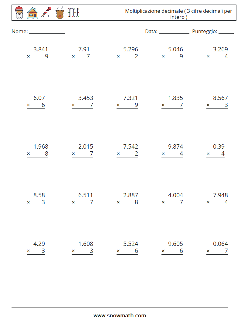(25) Moltiplicazione decimale ( 3 cifre decimali per intero ) Fogli di lavoro di matematica 18