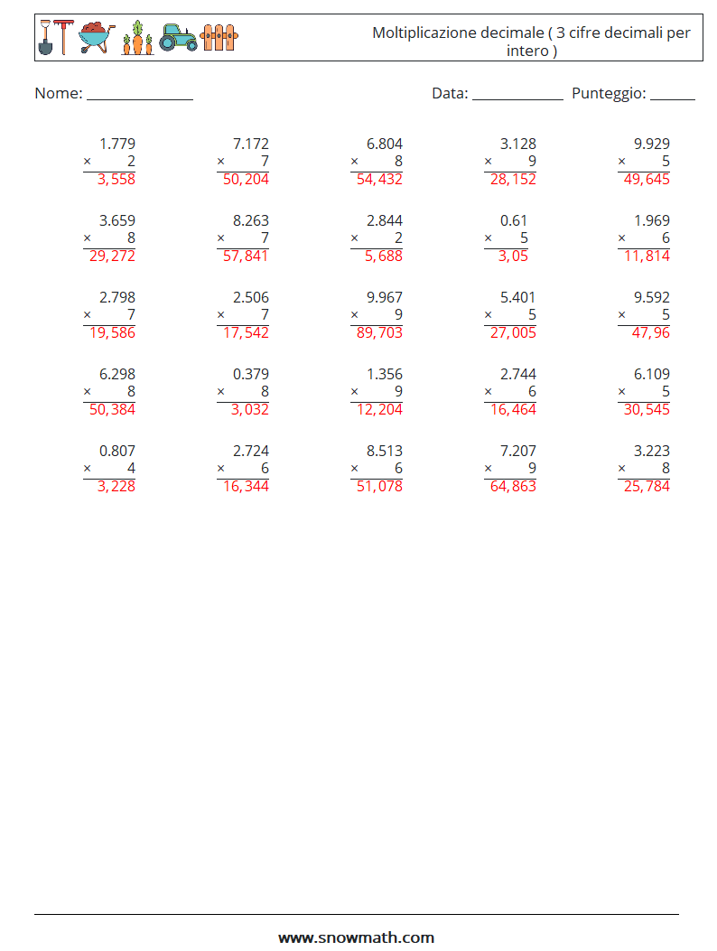 (25) Moltiplicazione decimale ( 3 cifre decimali per intero ) Fogli di lavoro di matematica 1 Domanda, Risposta