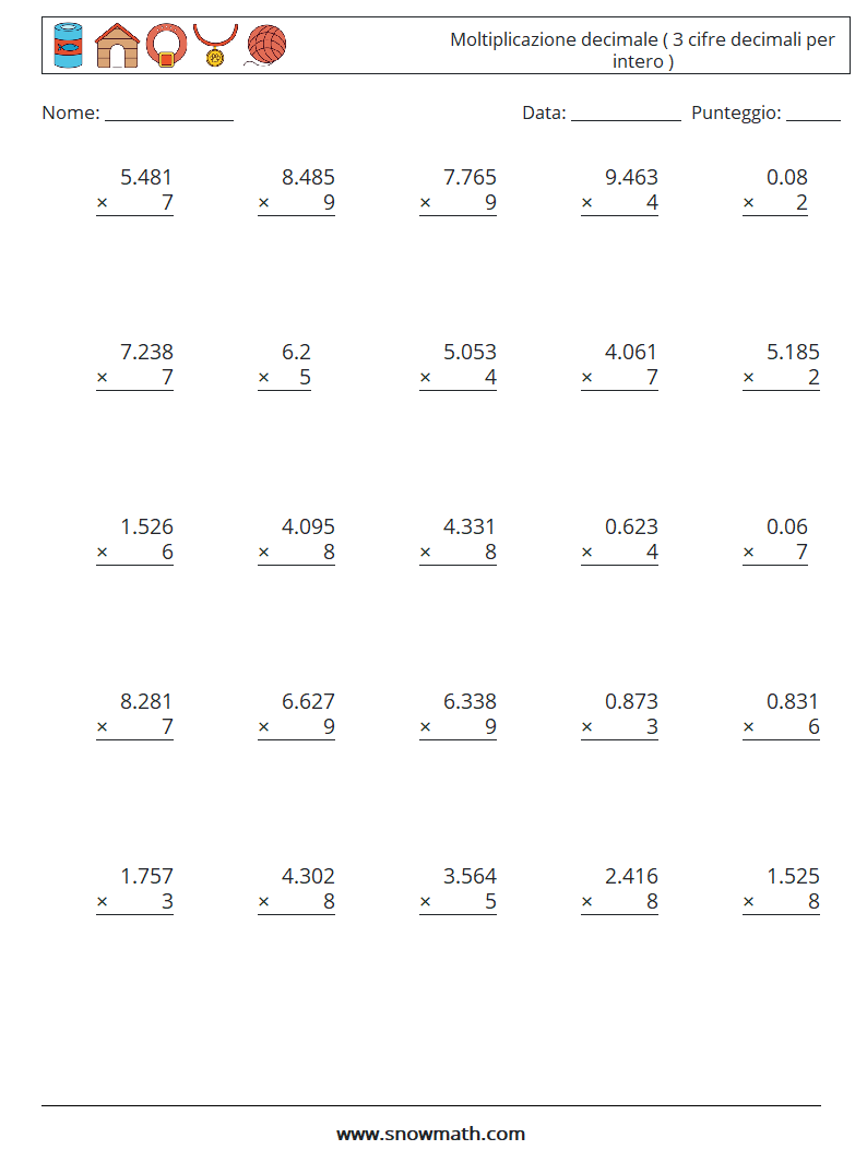 (25) Moltiplicazione decimale ( 3 cifre decimali per intero ) Fogli di lavoro di matematica 2
