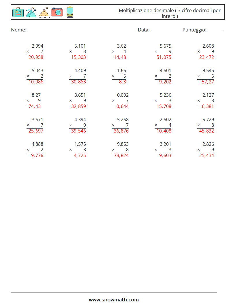 (25) Moltiplicazione decimale ( 3 cifre decimali per intero ) Fogli di lavoro di matematica 3 Domanda, Risposta