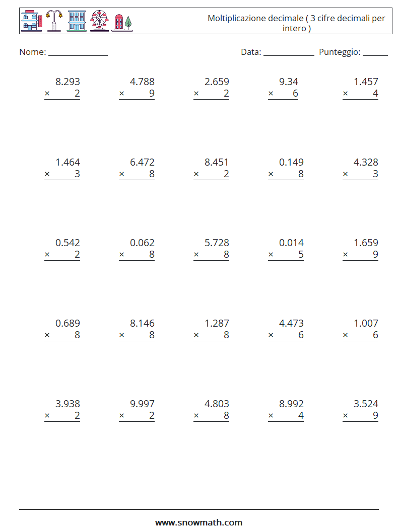 (25) Moltiplicazione decimale ( 3 cifre decimali per intero ) Fogli di lavoro di matematica 4
