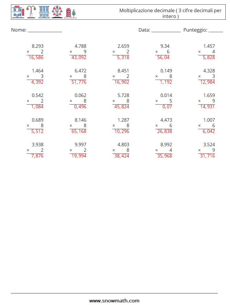 (25) Moltiplicazione decimale ( 3 cifre decimali per intero ) Fogli di lavoro di matematica 4 Domanda, Risposta