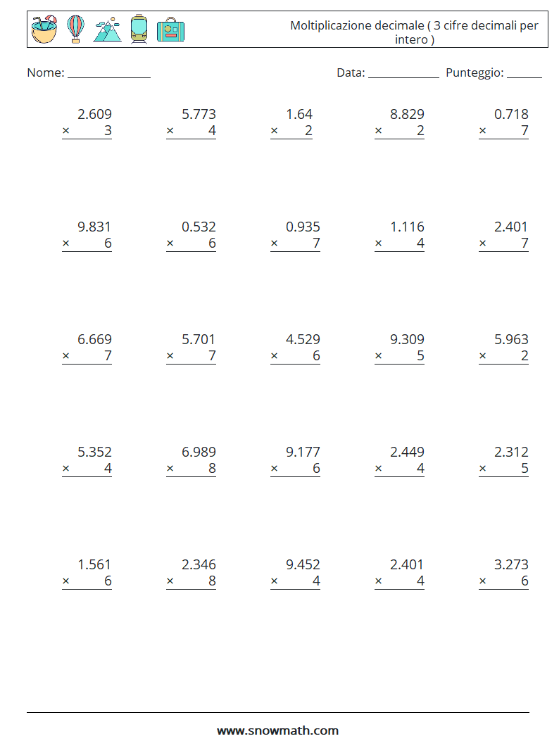 (25) Moltiplicazione decimale ( 3 cifre decimali per intero ) Fogli di lavoro di matematica 5