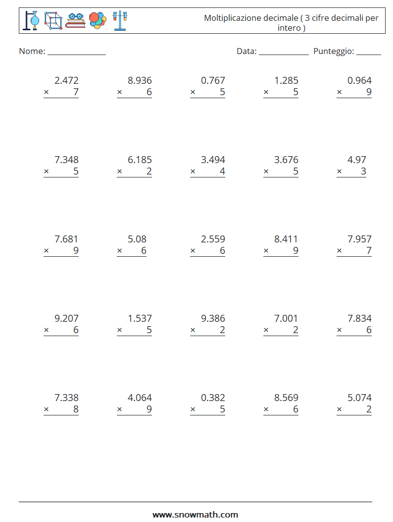 (25) Moltiplicazione decimale ( 3 cifre decimali per intero ) Fogli di lavoro di matematica 7
