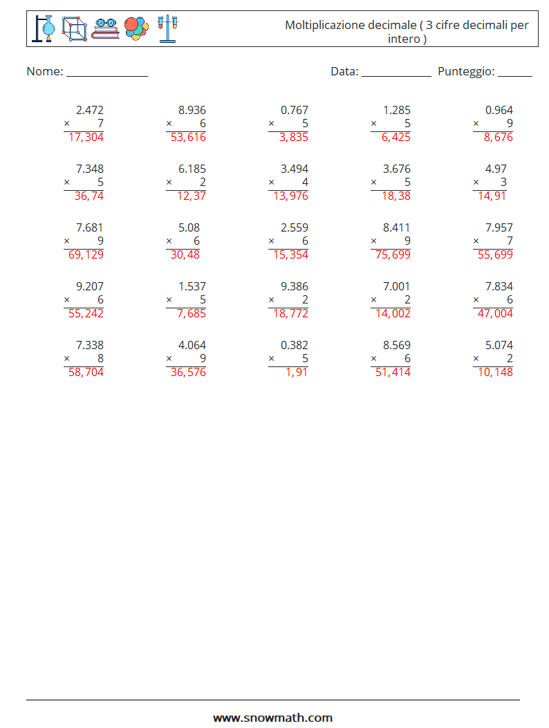 (25) Moltiplicazione decimale ( 3 cifre decimali per intero ) Fogli di lavoro di matematica 7 Domanda, Risposta