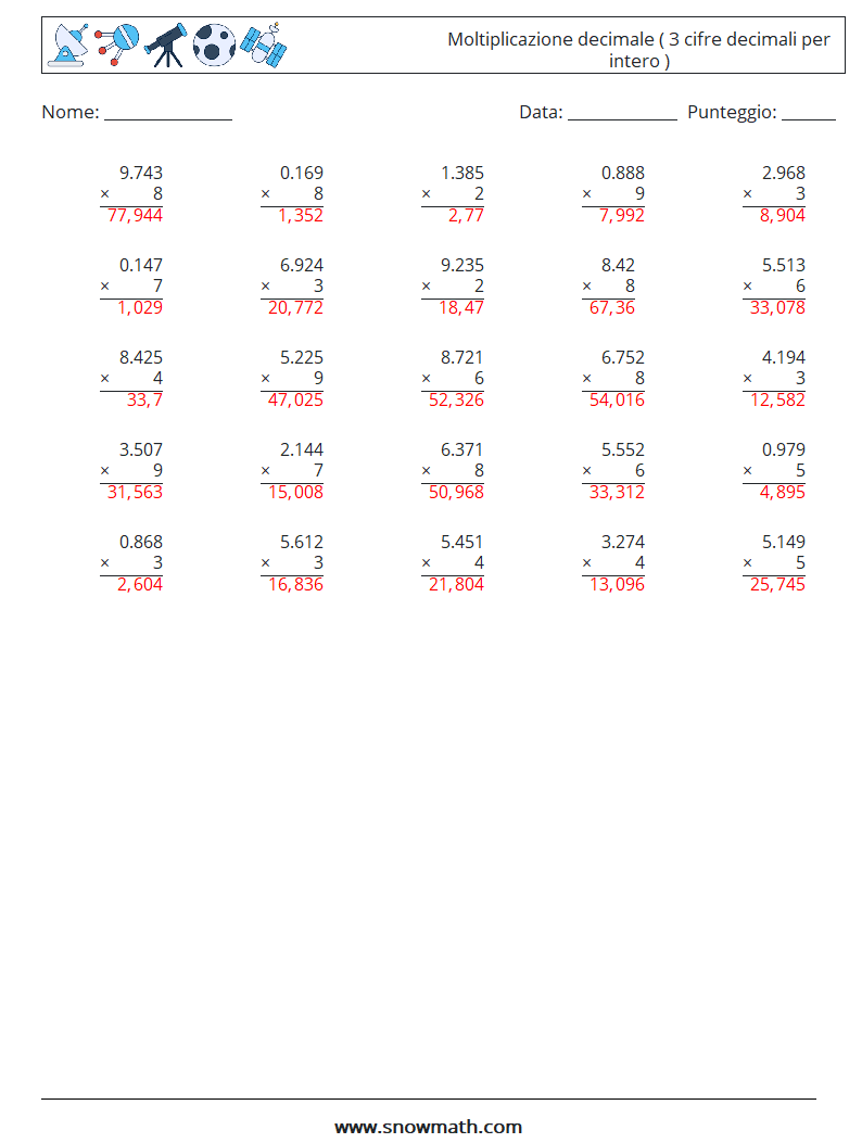 (25) Moltiplicazione decimale ( 3 cifre decimali per intero ) Fogli di lavoro di matematica 9 Domanda, Risposta
