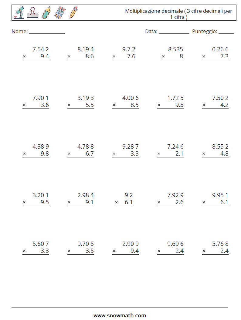 (25) Moltiplicazione decimale ( 3 cifre decimali per 1 cifra ) Fogli di lavoro di matematica 1