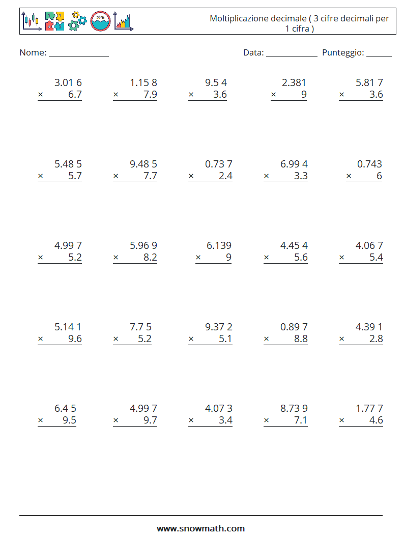 (25) Moltiplicazione decimale ( 3 cifre decimali per 1 cifra ) Fogli di lavoro di matematica 10