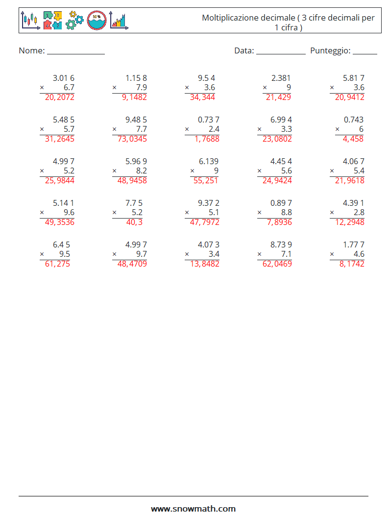 (25) Moltiplicazione decimale ( 3 cifre decimali per 1 cifra ) Fogli di lavoro di matematica 10 Domanda, Risposta