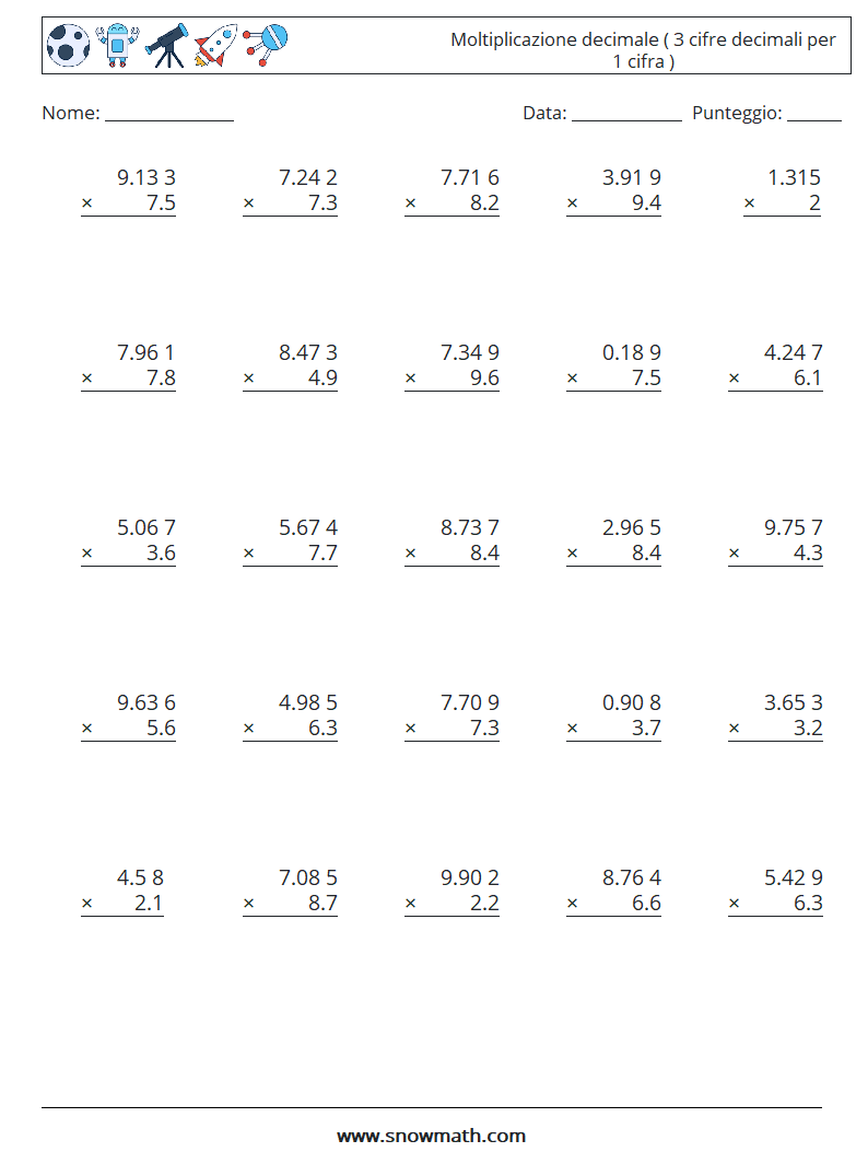 (25) Moltiplicazione decimale ( 3 cifre decimali per 1 cifra ) Fogli di lavoro di matematica 11