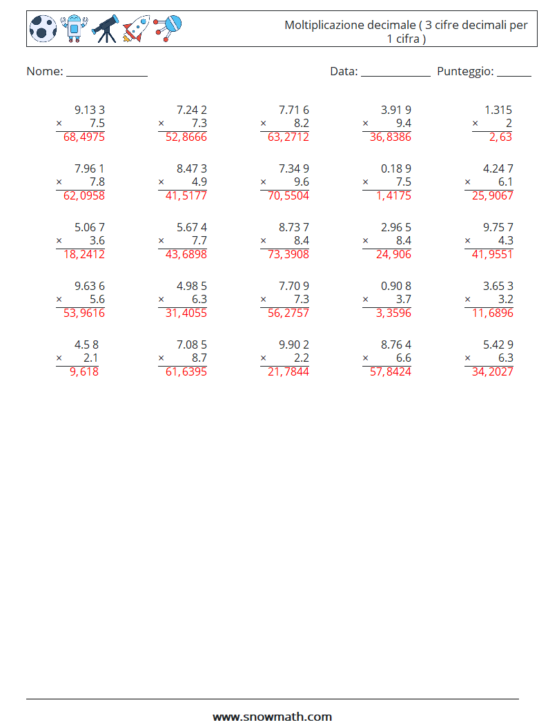 (25) Moltiplicazione decimale ( 3 cifre decimali per 1 cifra ) Fogli di lavoro di matematica 11 Domanda, Risposta