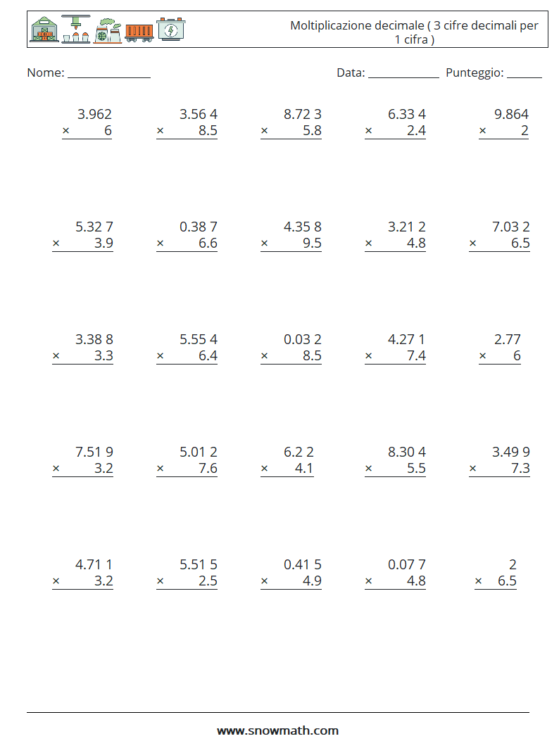 (25) Moltiplicazione decimale ( 3 cifre decimali per 1 cifra ) Fogli di lavoro di matematica 12