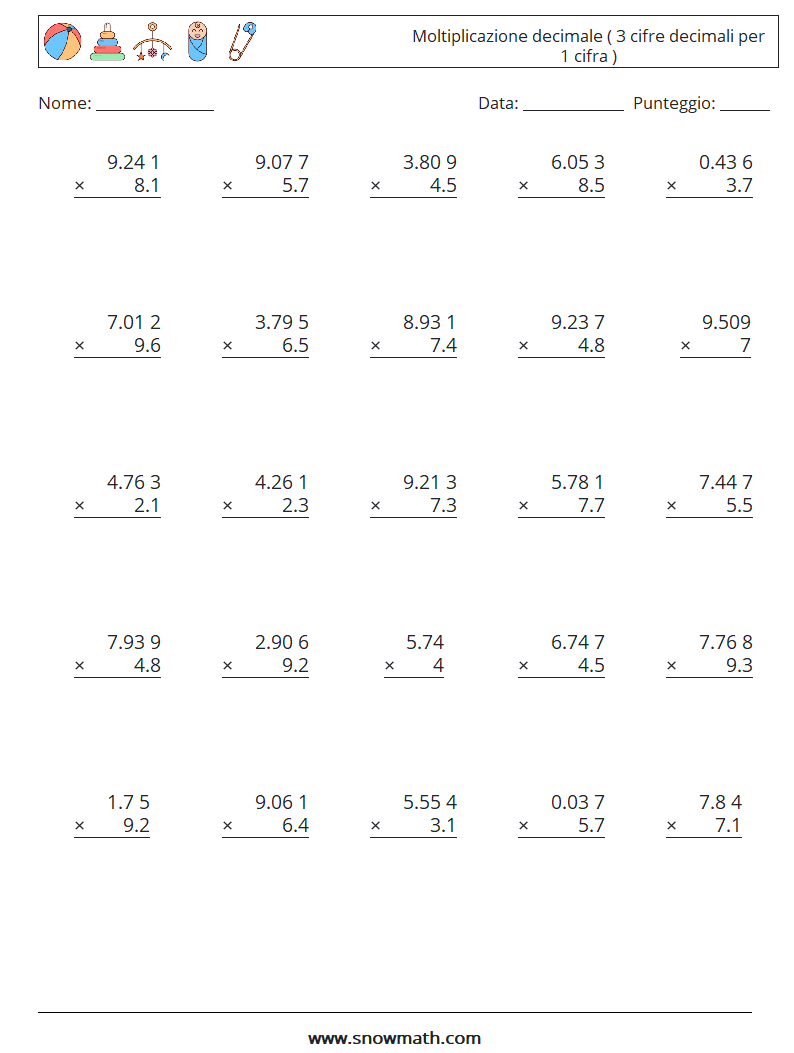 (25) Moltiplicazione decimale ( 3 cifre decimali per 1 cifra ) Fogli di lavoro di matematica 13