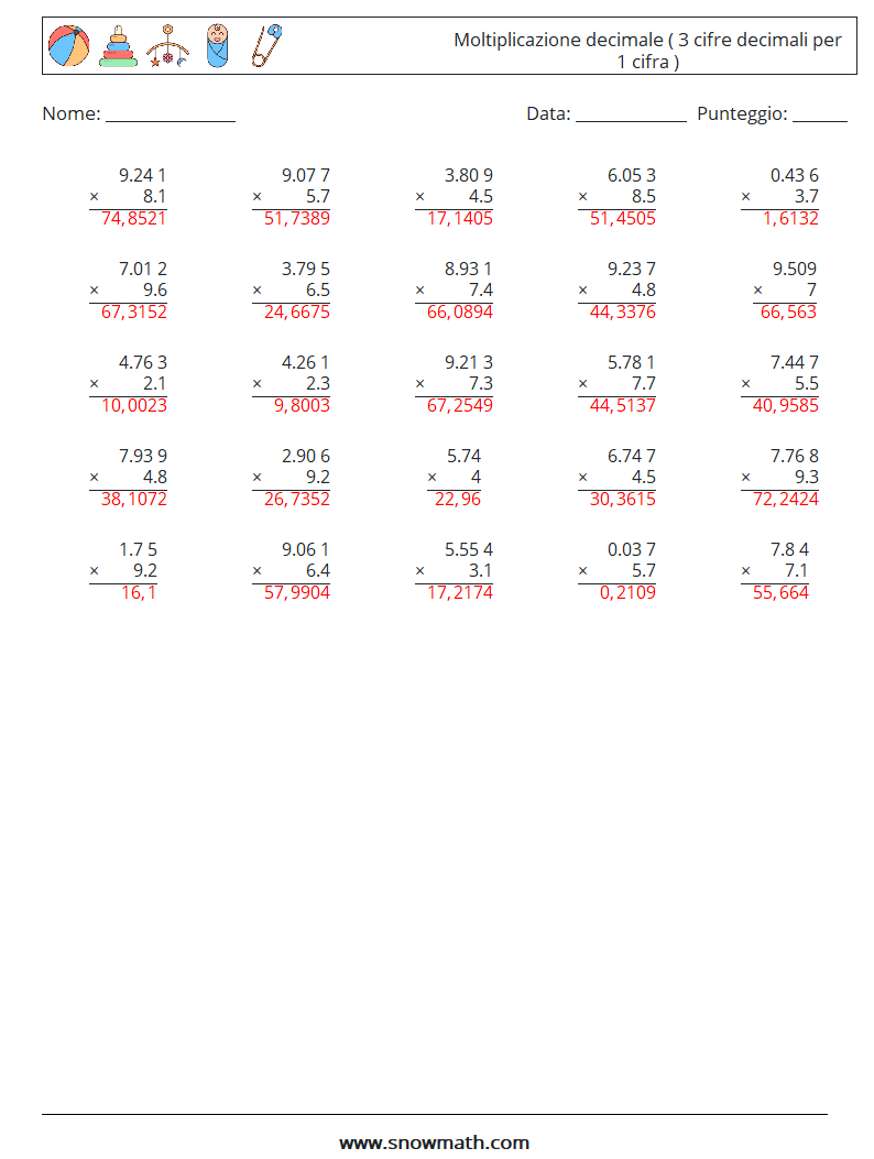 (25) Moltiplicazione decimale ( 3 cifre decimali per 1 cifra ) Fogli di lavoro di matematica 13 Domanda, Risposta