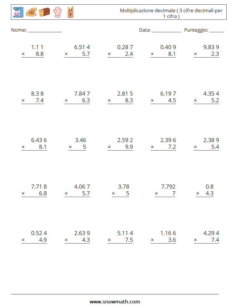 (25) Moltiplicazione decimale ( 3 cifre decimali per 1 cifra ) Fogli di lavoro di matematica 15