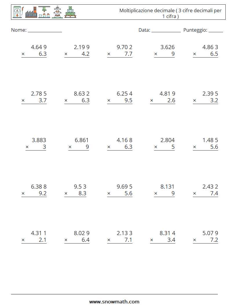 (25) Moltiplicazione decimale ( 3 cifre decimali per 1 cifra ) Fogli di lavoro di matematica 16