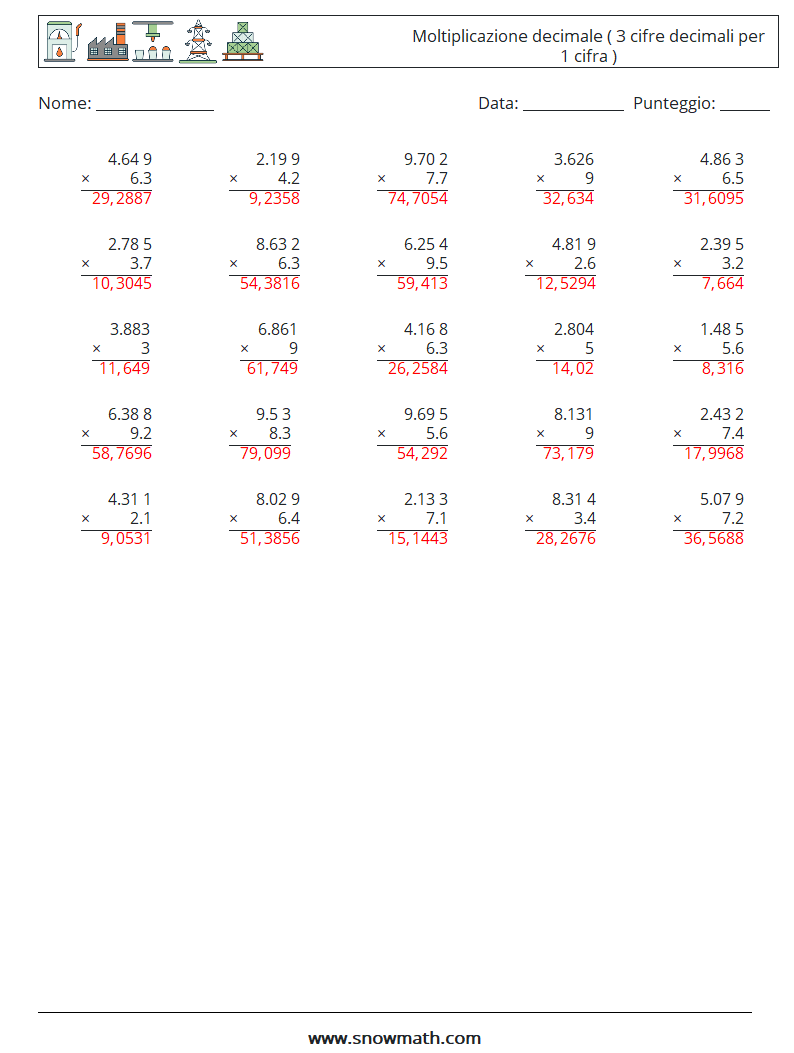 (25) Moltiplicazione decimale ( 3 cifre decimali per 1 cifra ) Fogli di lavoro di matematica 16 Domanda, Risposta