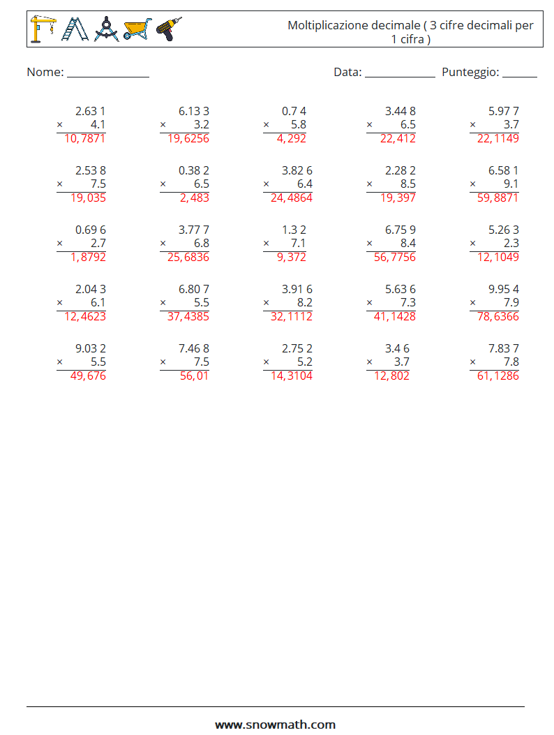(25) Moltiplicazione decimale ( 3 cifre decimali per 1 cifra ) Fogli di lavoro di matematica 17 Domanda, Risposta