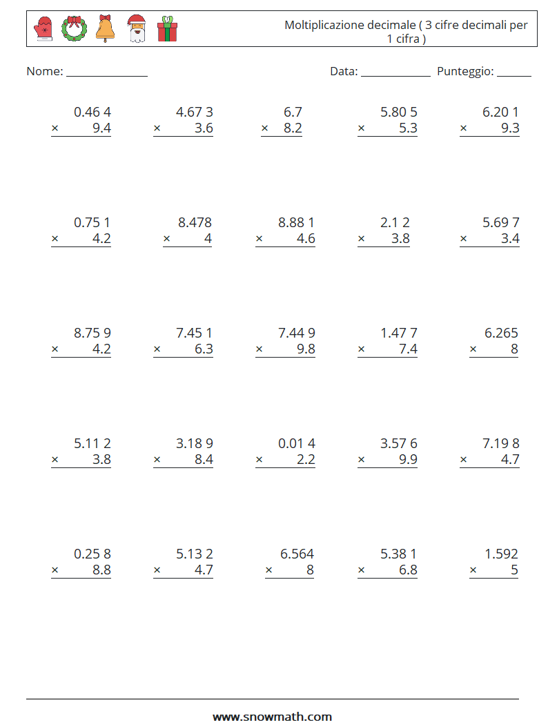 (25) Moltiplicazione decimale ( 3 cifre decimali per 1 cifra ) Fogli di lavoro di matematica 18