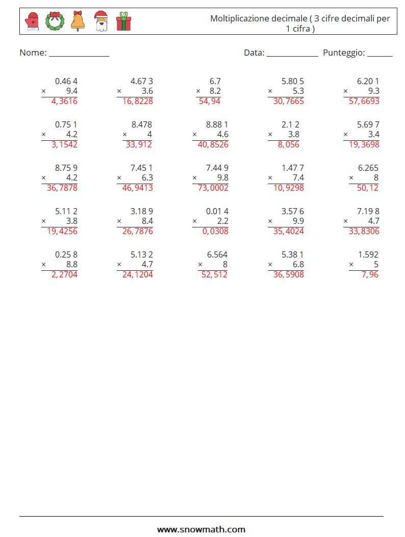 (25) Moltiplicazione decimale ( 3 cifre decimali per 1 cifra ) Fogli di lavoro di matematica 18 Domanda, Risposta