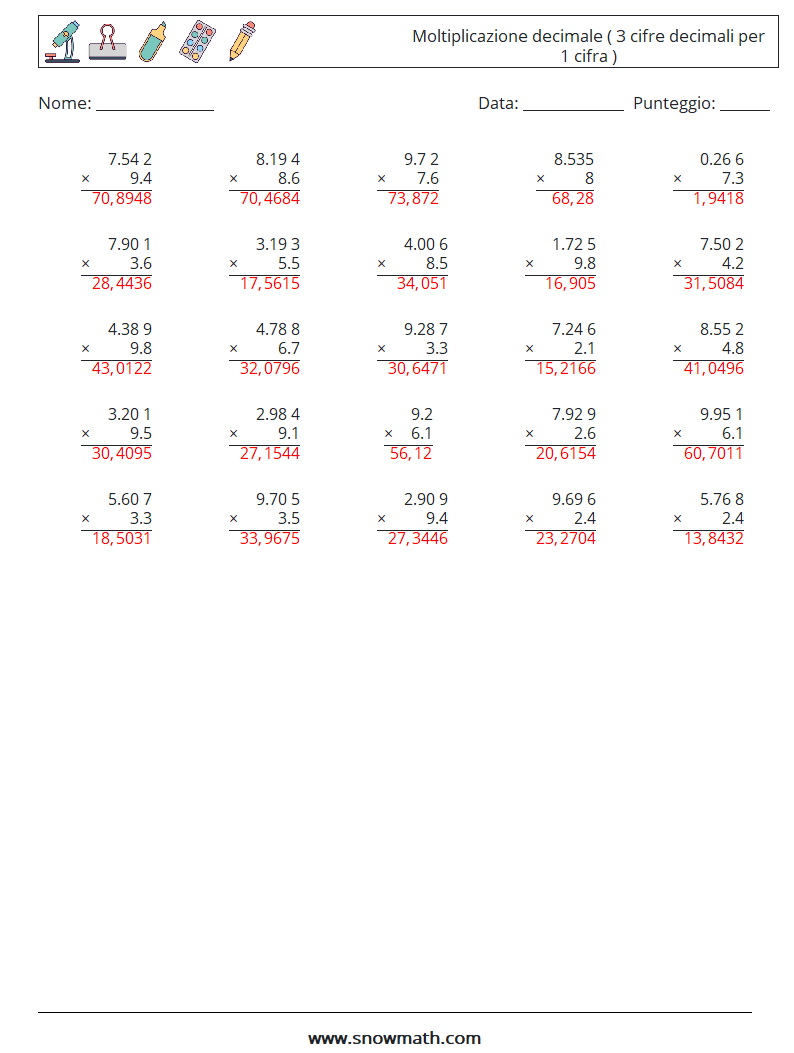 (25) Moltiplicazione decimale ( 3 cifre decimali per 1 cifra ) Fogli di lavoro di matematica 1 Domanda, Risposta