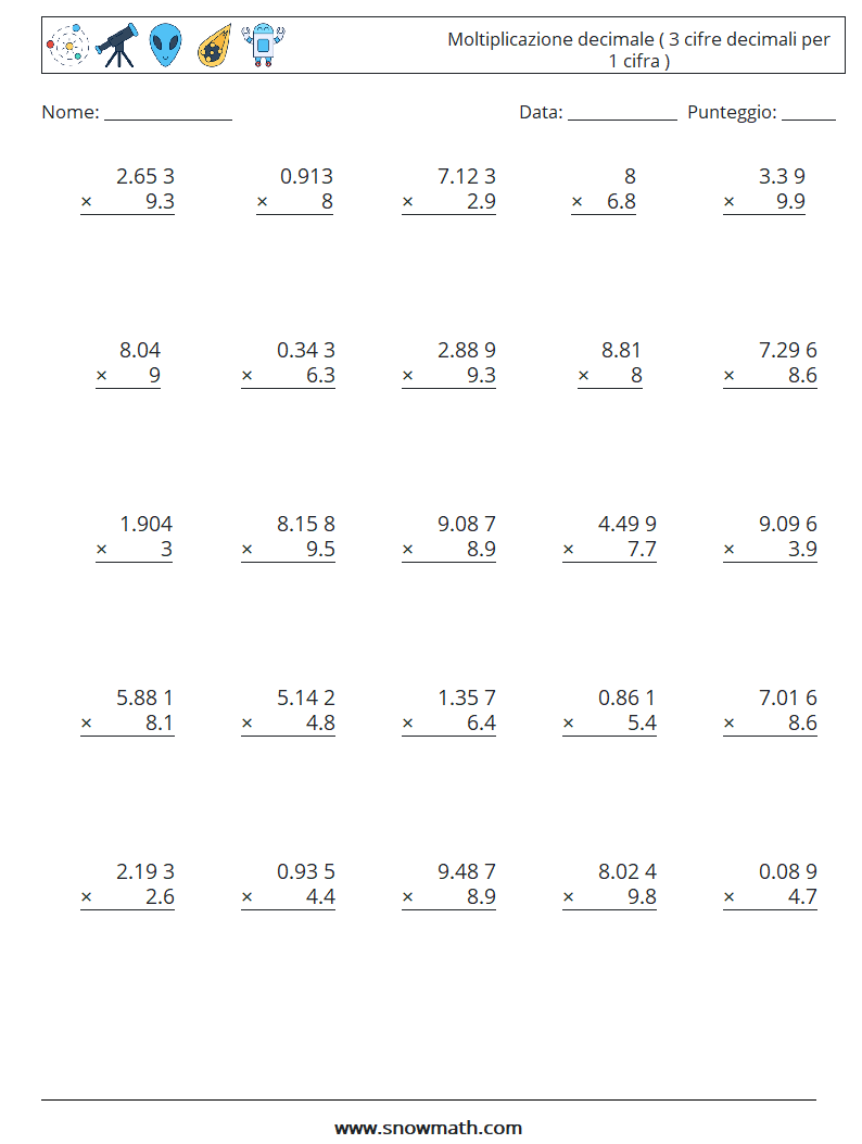 (25) Moltiplicazione decimale ( 3 cifre decimali per 1 cifra ) Fogli di lavoro di matematica 2
