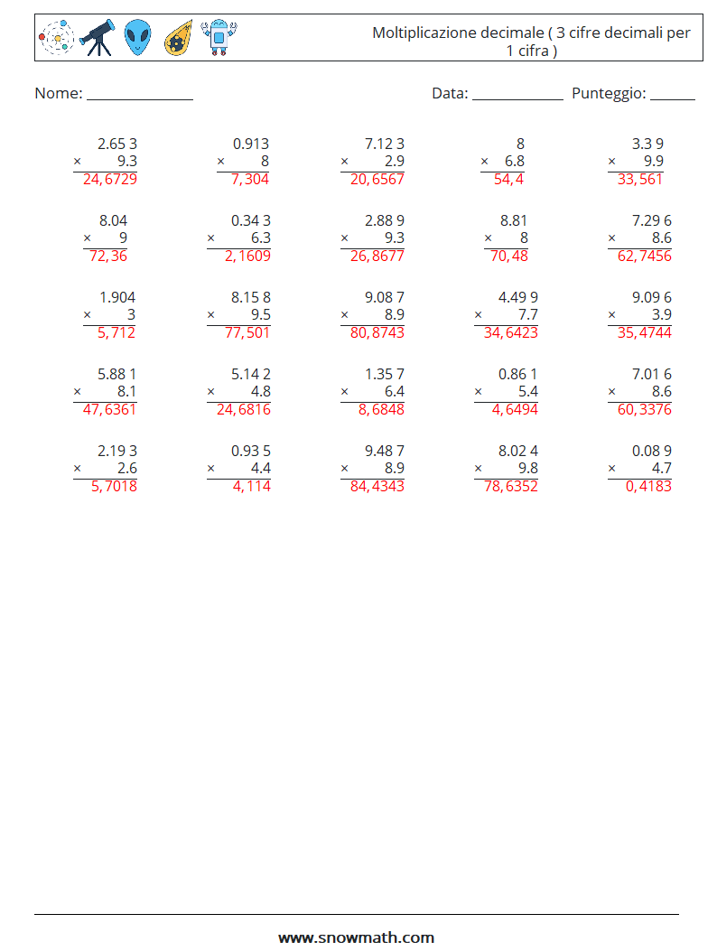 (25) Moltiplicazione decimale ( 3 cifre decimali per 1 cifra ) Fogli di lavoro di matematica 2 Domanda, Risposta