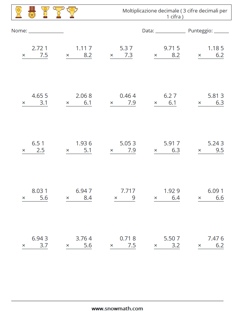 (25) Moltiplicazione decimale ( 3 cifre decimali per 1 cifra ) Fogli di lavoro di matematica 3