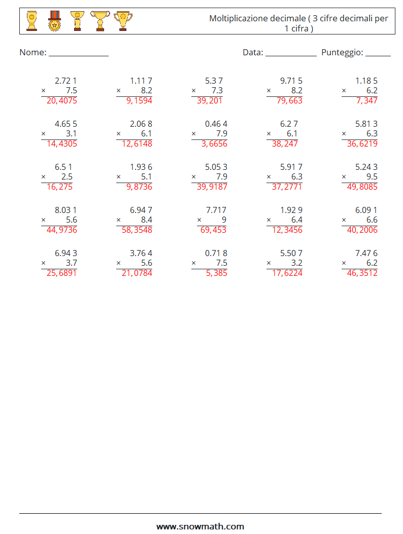 (25) Moltiplicazione decimale ( 3 cifre decimali per 1 cifra ) Fogli di lavoro di matematica 3 Domanda, Risposta