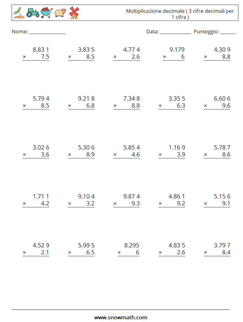 (25) Moltiplicazione decimale ( 3 cifre decimali per 1 cifra ) Fogli di lavoro di matematica 4