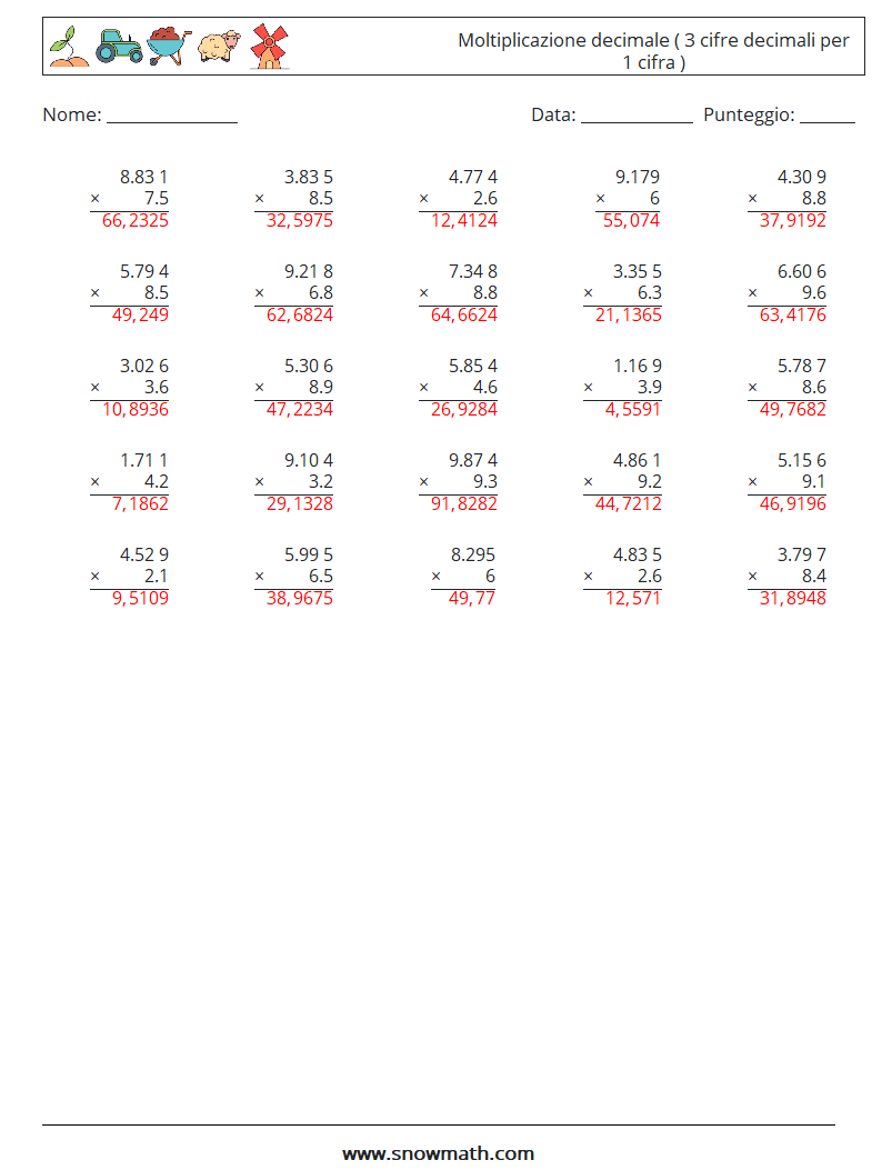 (25) Moltiplicazione decimale ( 3 cifre decimali per 1 cifra ) Fogli di lavoro di matematica 4 Domanda, Risposta