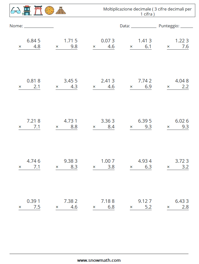 (25) Moltiplicazione decimale ( 3 cifre decimali per 1 cifra ) Fogli di lavoro di matematica 5