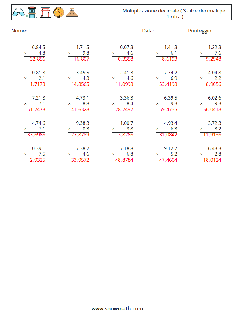 (25) Moltiplicazione decimale ( 3 cifre decimali per 1 cifra ) Fogli di lavoro di matematica 5 Domanda, Risposta