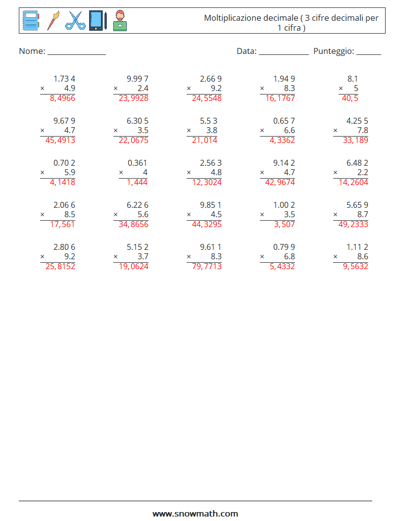 (25) Moltiplicazione decimale ( 3 cifre decimali per 1 cifra ) Fogli di lavoro di matematica 6 Domanda, Risposta