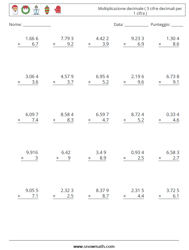 (25) Moltiplicazione decimale ( 3 cifre decimali per 1 cifra ) Fogli di lavoro di matematica 7