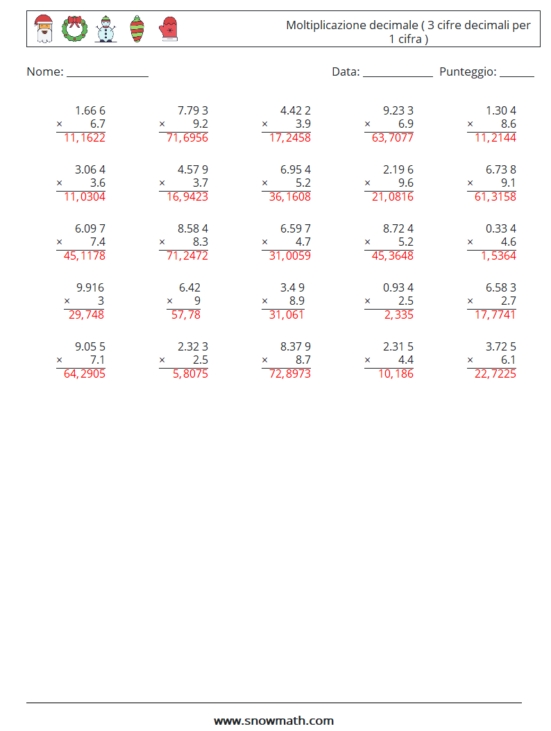 (25) Moltiplicazione decimale ( 3 cifre decimali per 1 cifra ) Fogli di lavoro di matematica 7 Domanda, Risposta