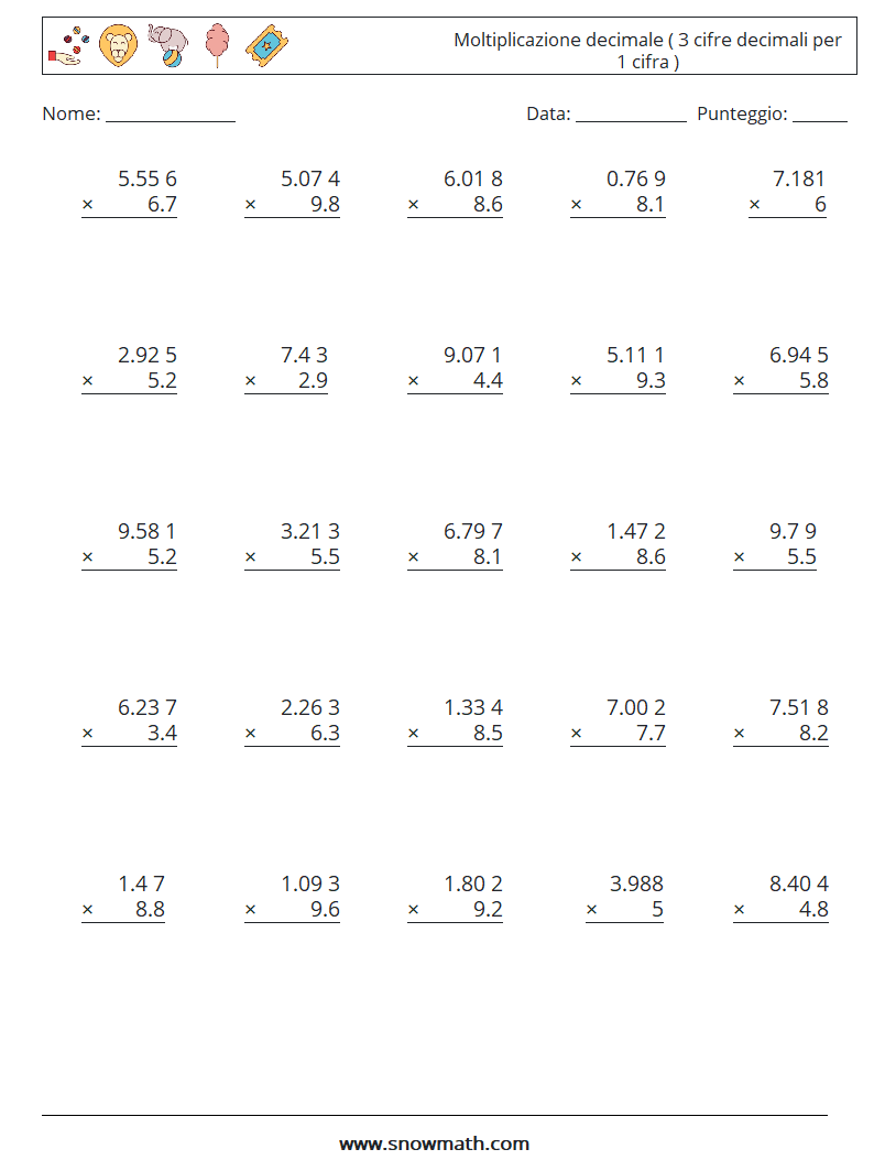 (25) Moltiplicazione decimale ( 3 cifre decimali per 1 cifra ) Fogli di lavoro di matematica 8