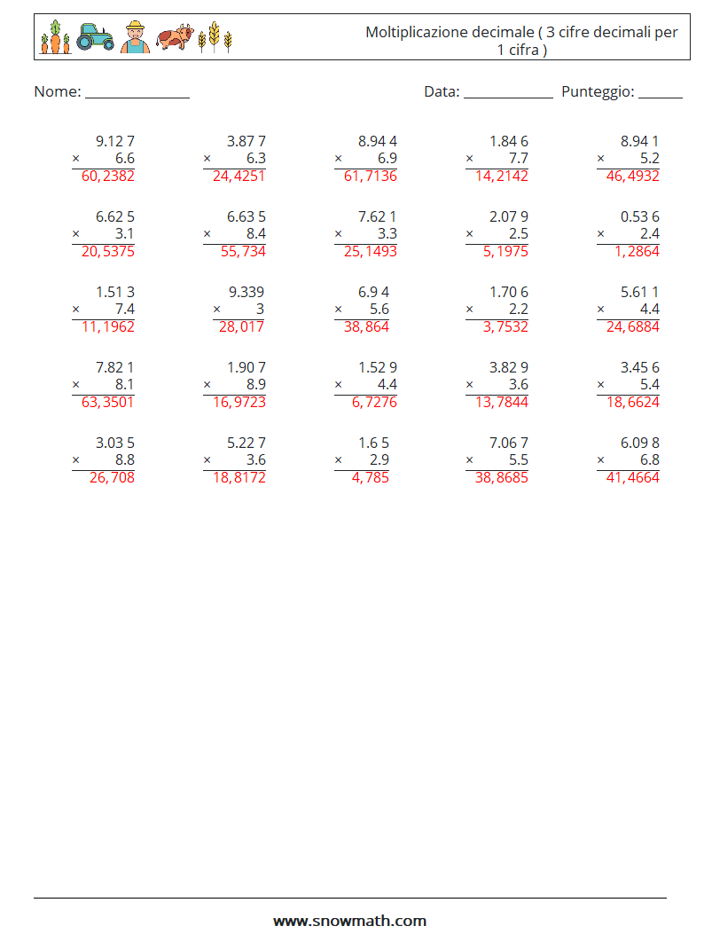(25) Moltiplicazione decimale ( 3 cifre decimali per 1 cifra ) Fogli di lavoro di matematica 9 Domanda, Risposta