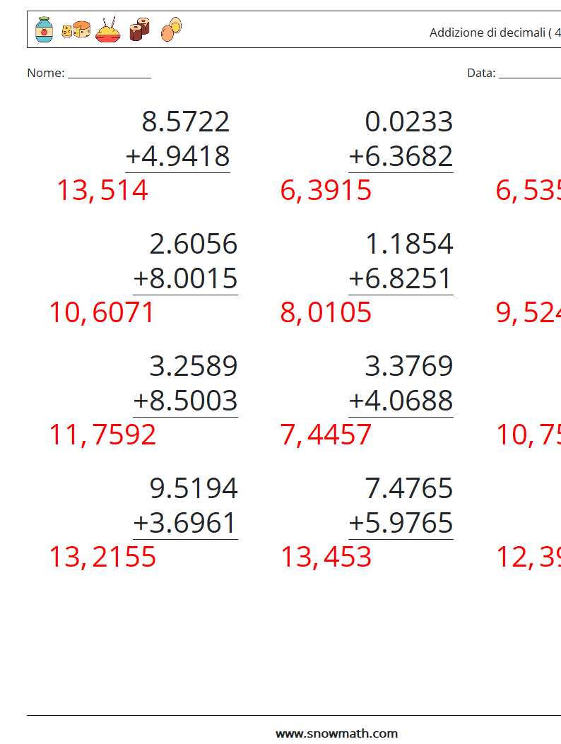 (12) Addizione di decimali ( 4 cifre ) Fogli di lavoro di matematica 10 Domanda, Risposta