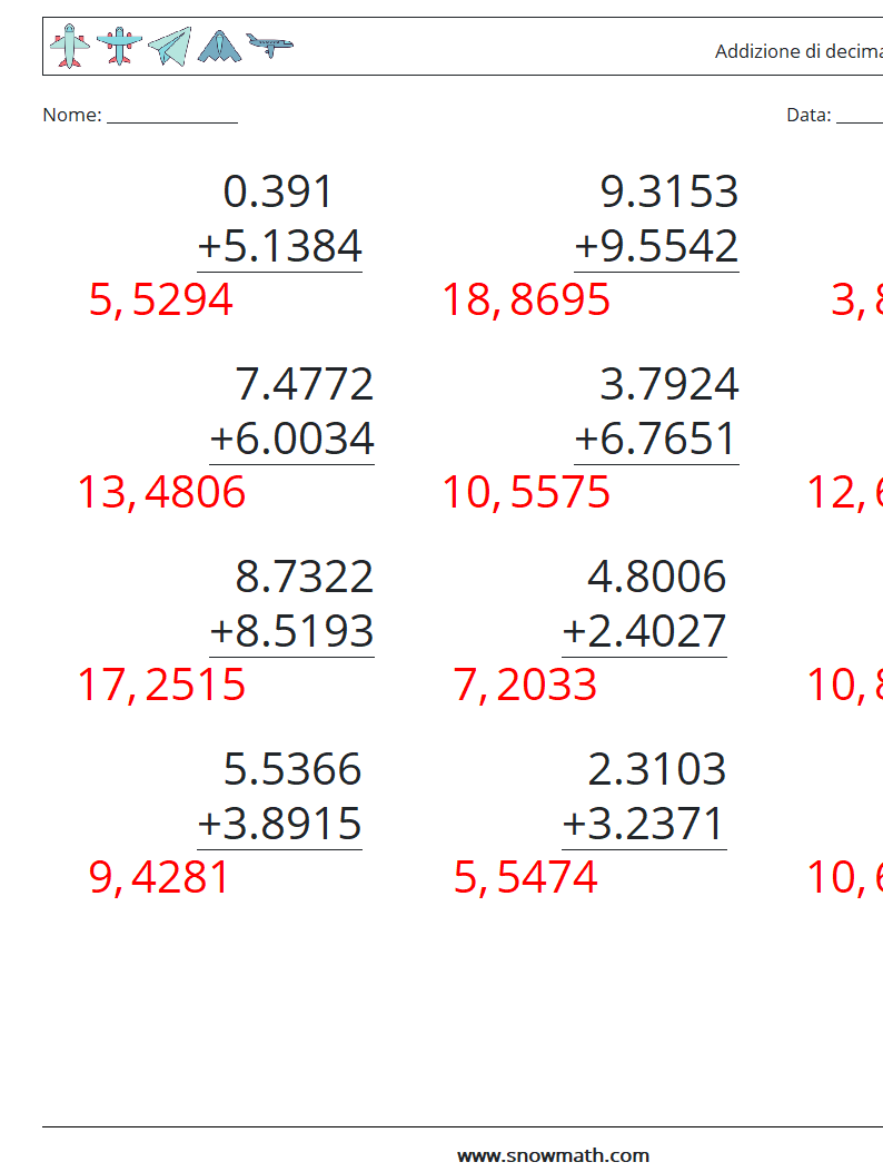(12) Addizione di decimali ( 4 cifre ) Fogli di lavoro di matematica 11 Domanda, Risposta