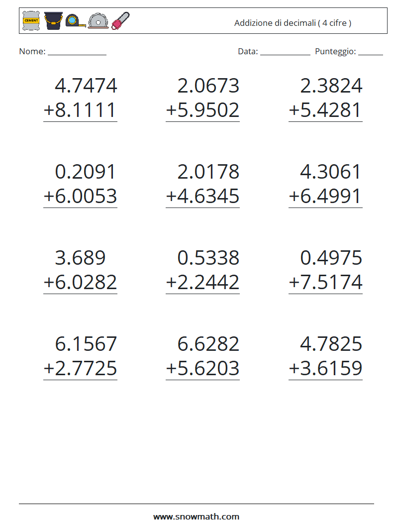 (12) Addizione di decimali ( 4 cifre ) Fogli di lavoro di matematica 13