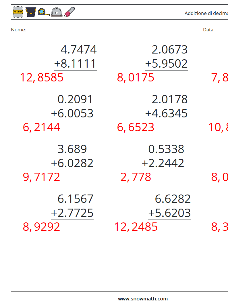 (12) Addizione di decimali ( 4 cifre ) Fogli di lavoro di matematica 13 Domanda, Risposta