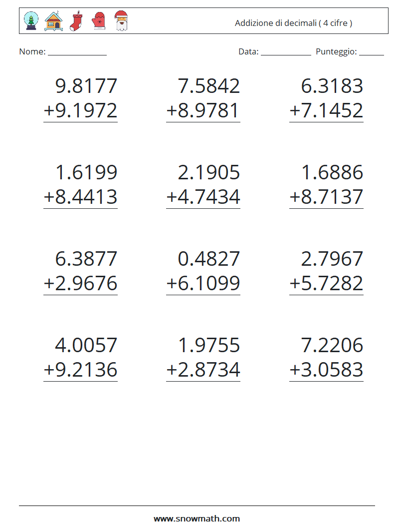 (12) Addizione di decimali ( 4 cifre ) Fogli di lavoro di matematica 14