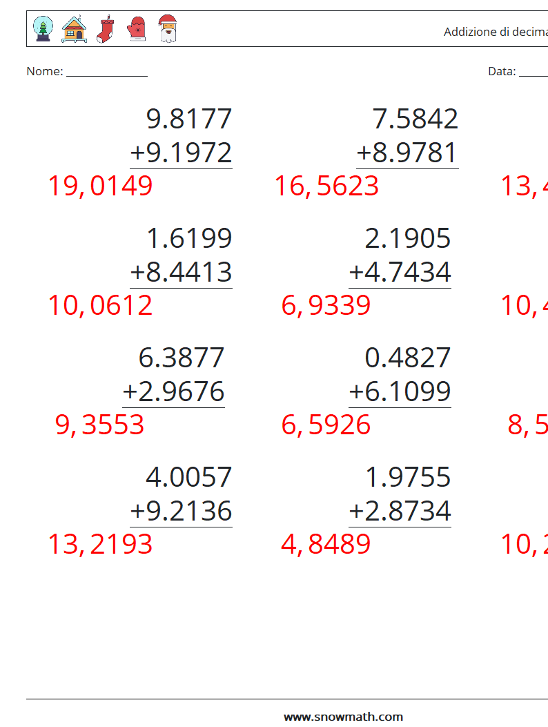 (12) Addizione di decimali ( 4 cifre ) Fogli di lavoro di matematica 14 Domanda, Risposta