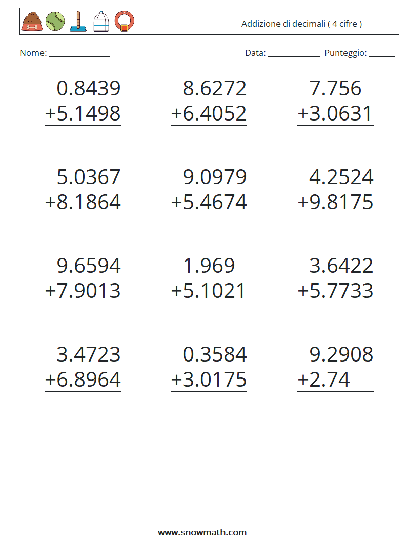 (12) Addizione di decimali ( 4 cifre ) Fogli di lavoro di matematica 15