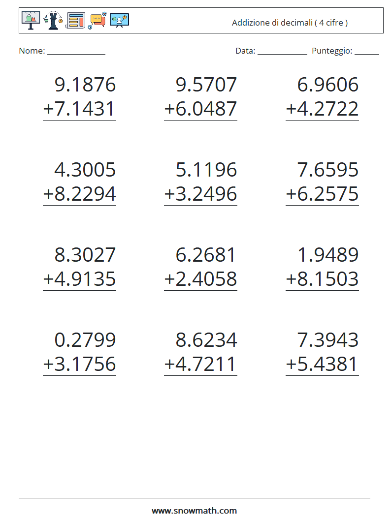 (12) Addizione di decimali ( 4 cifre ) Fogli di lavoro di matematica 16