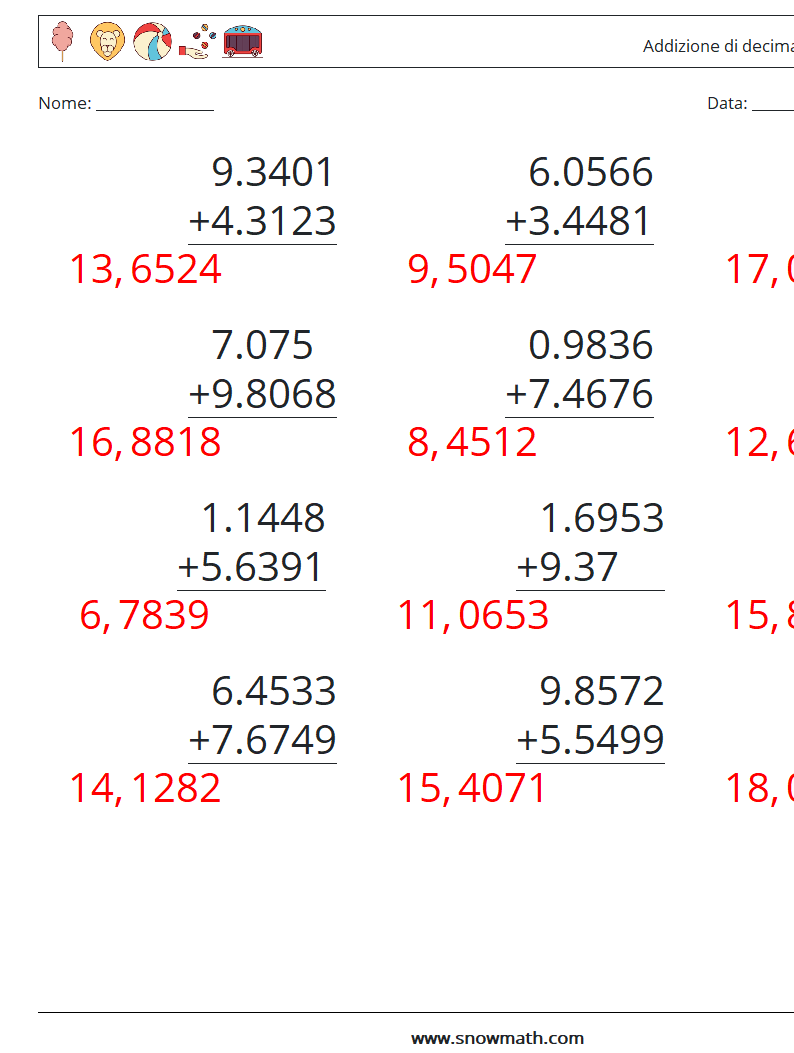(12) Addizione di decimali ( 4 cifre ) Fogli di lavoro di matematica 17 Domanda, Risposta