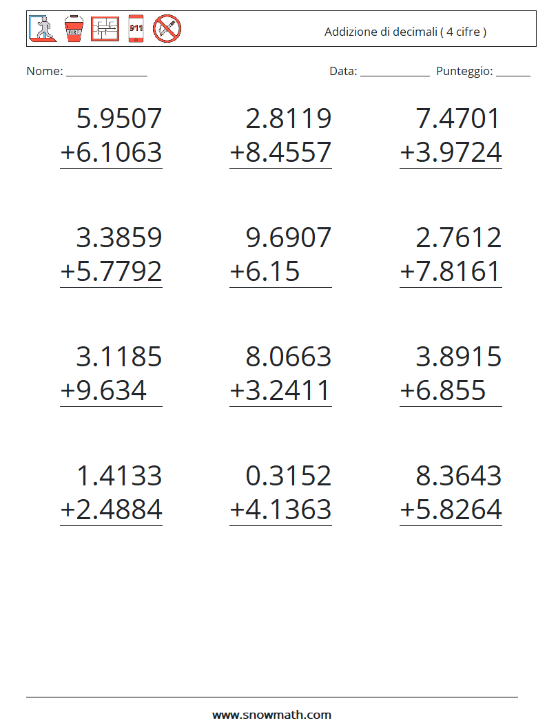 (12) Addizione di decimali ( 4 cifre ) Fogli di lavoro di matematica 18