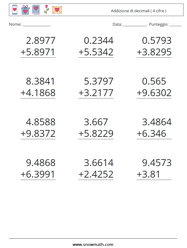 (12) Addizione di decimali ( 4 cifre ) Fogli di lavoro di matematica 3