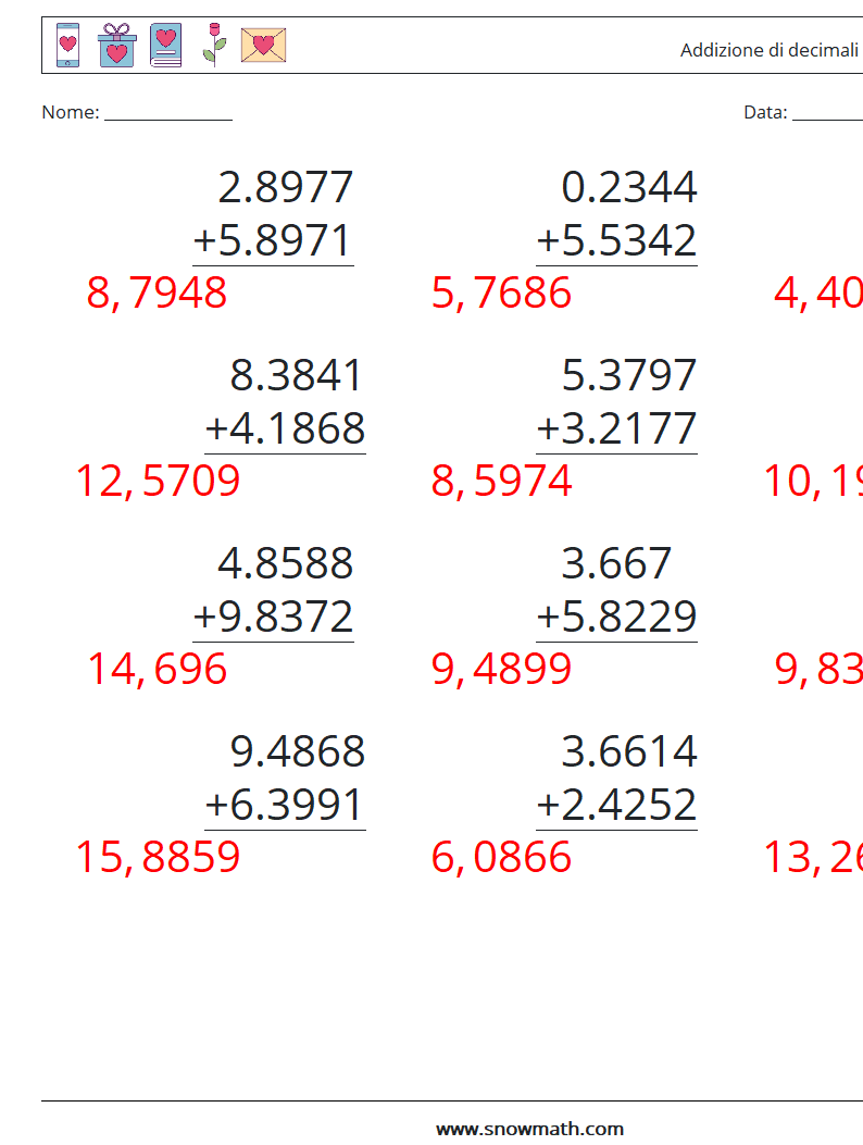 (12) Addizione di decimali ( 4 cifre ) Fogli di lavoro di matematica 3 Domanda, Risposta